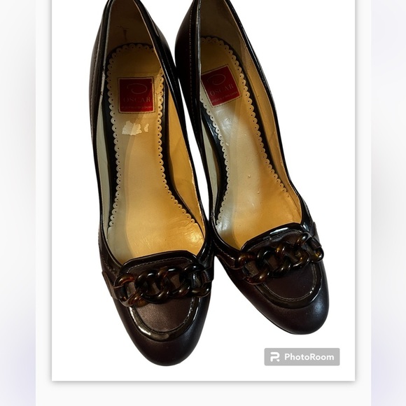 Oscar De La Renta Brown leather high heel 9M Twist Chains On Front - Picture 4 of 9